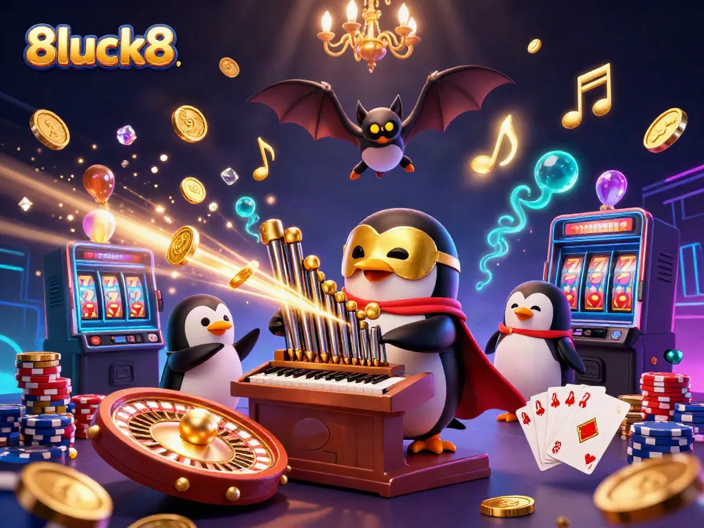 Experience the excitement of 8luck8 with a vibrant 3D illustration of a penguin playing a golden pipe organ amidst cascading coins and games.