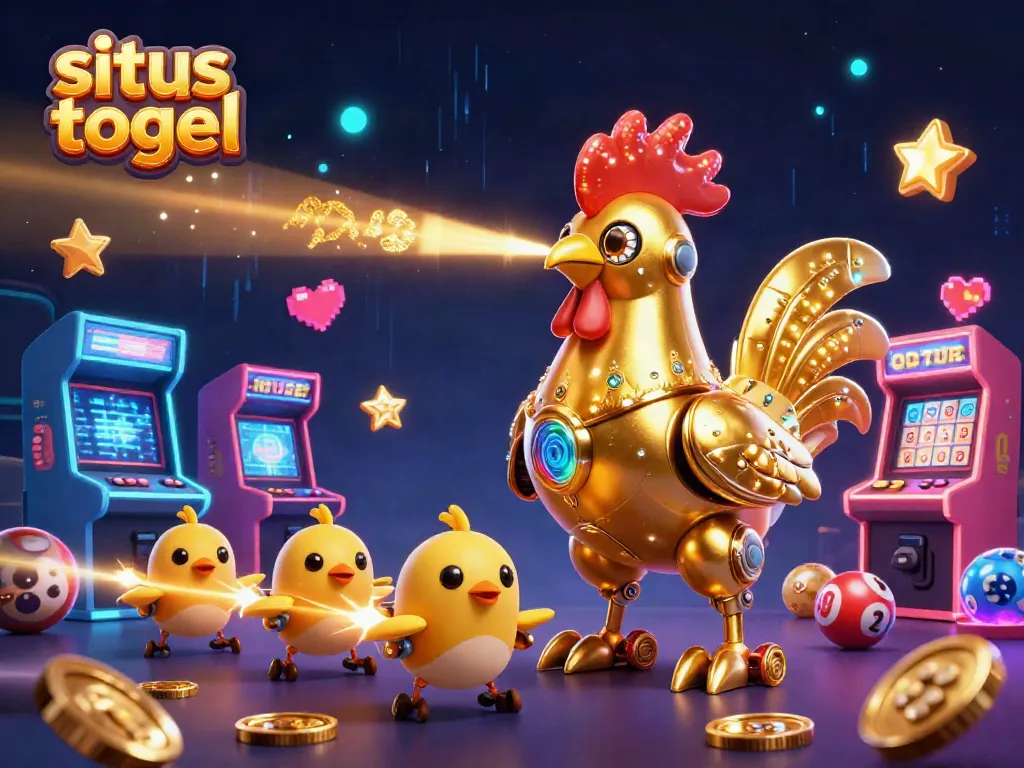 Keseruan bermain situs togel dengan karakter robot ayam dan drone di latar neon.
