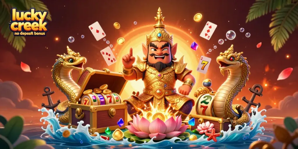 Activate the lucky creek no deposit bonus with a vibrant casino-themed 3D illustration showcasing winning gameplay.