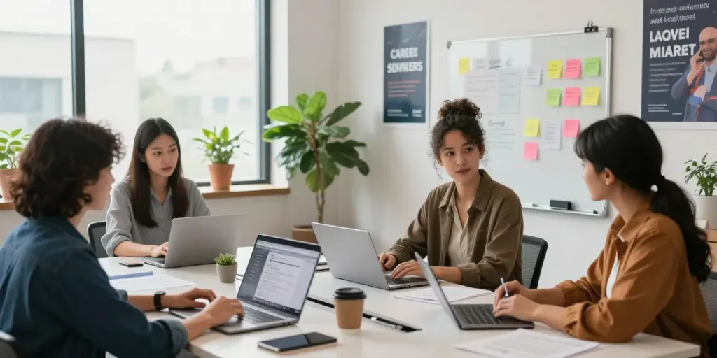 Job seekers collaborating on effective หางาน strategies in a bright office environment.