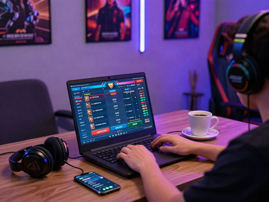 Engaged player in situs toto online gambling with vibrant gaming interface and accessories in modern setting.