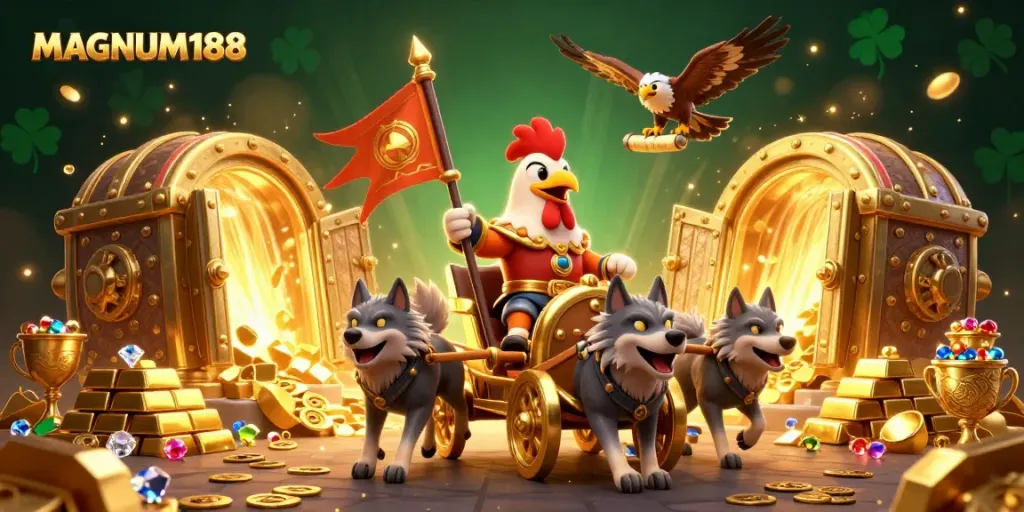 Experience the thrill of MAGNUM188 with a heroic rooster warlord in a vibrant casino adventure.