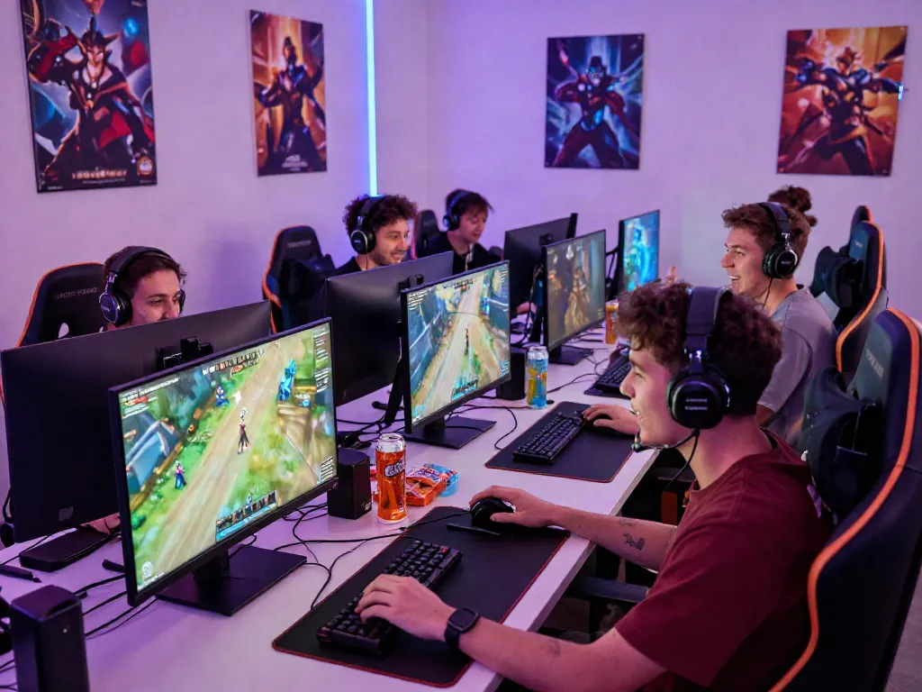 Exciting online gaming session with friends engaged in competitive gameplay at a vibrant setup featuring qqmacan.