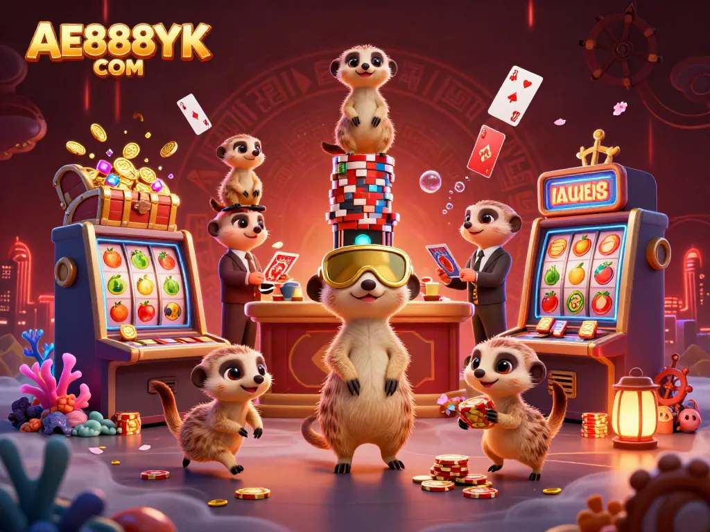 Engaging gameplay at AE888YK COM with lively meerkats running an exciting casino scene.