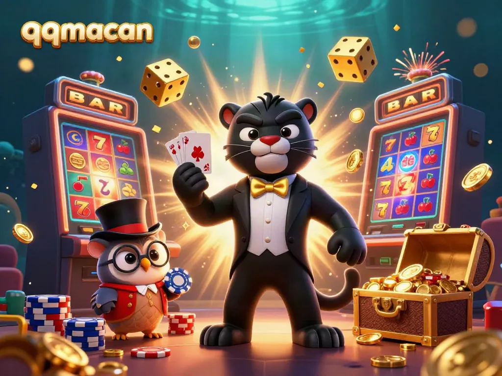 Engage with exciting casino action at qqmacan featuring a stylish black panther dealer, poker owl, and lucky mouse.