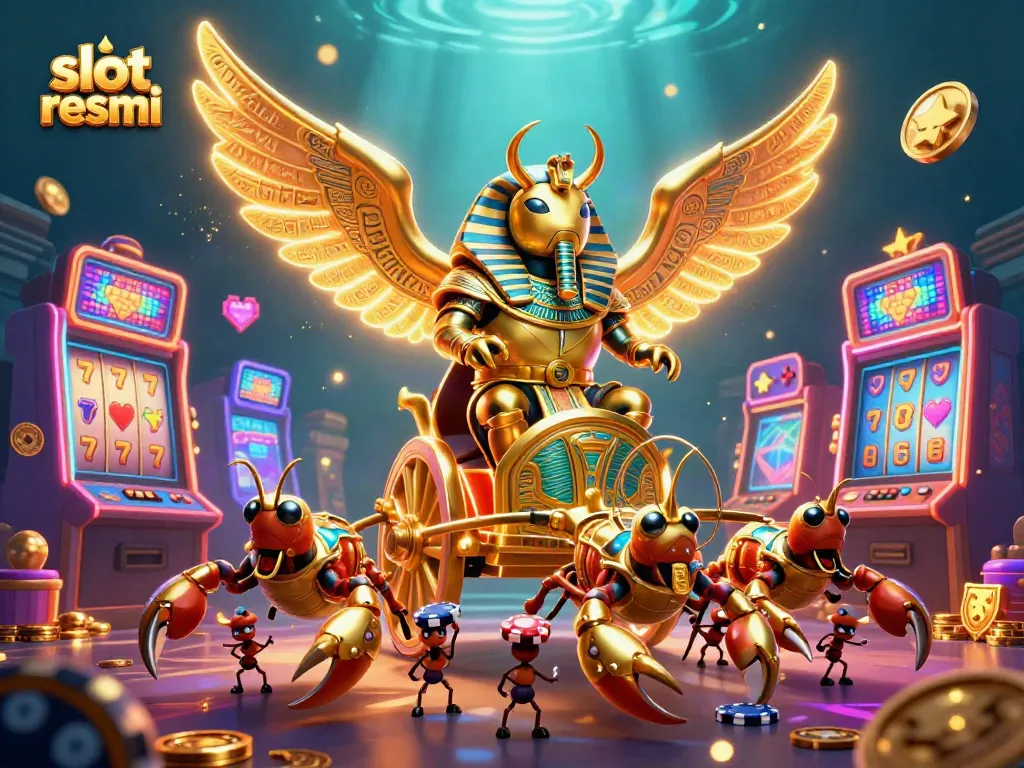 Experience excitement with slot resmi featuring vibrant slot machines and a golden scarab chariot.