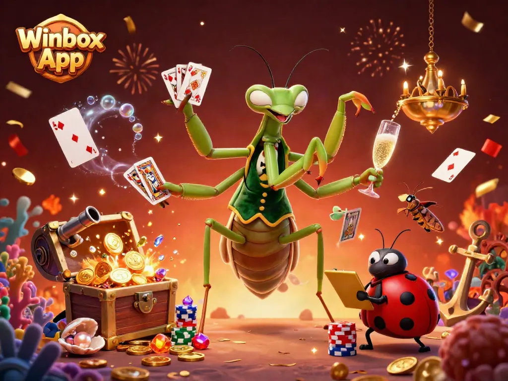 Winbox App illustration of a giant praying mantis card sharp dealing cards with a ladybug pit boss and treasure elements
