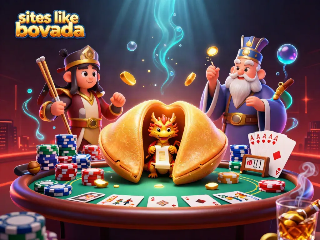 Win big with sites like Bovada featuring poker tables, vibrant chips, and dynamic characters.