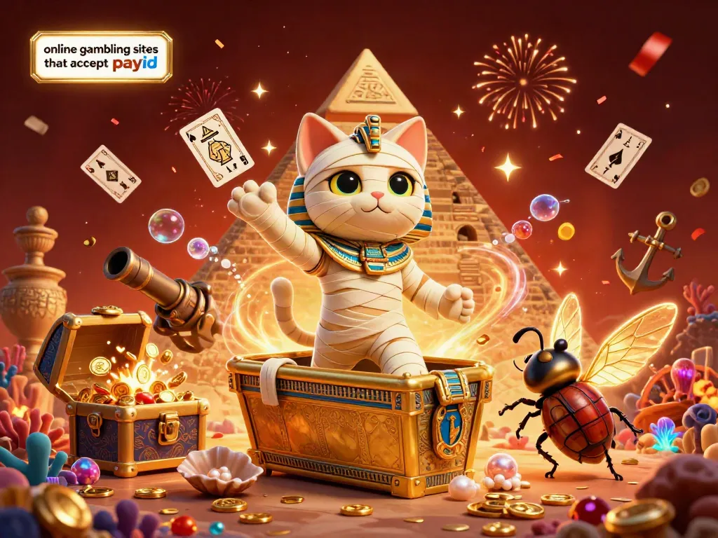 Experience thrilling action at online gambling sites that accept payid with vibrant casino characters and golden treasures.