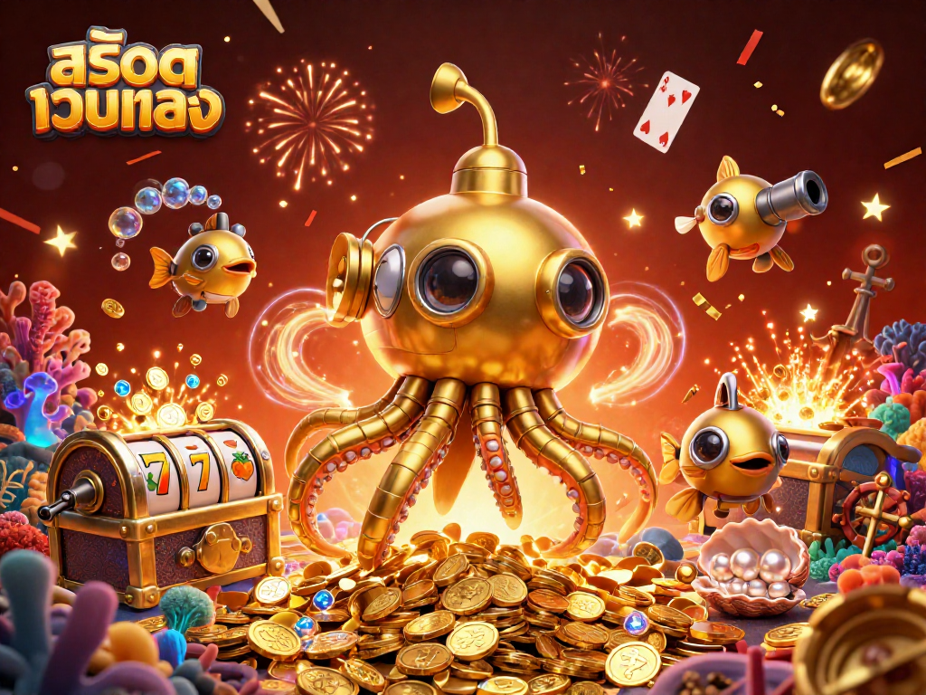 Play สล็อตเว็บตรง with vibrant golden themes, featuring a golden kraken and slot reels amidst celebration.