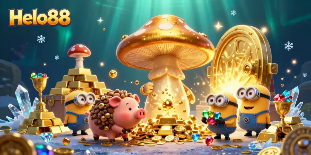 Experience thrilling gaming at Helo88 with an enchanting 3D illustration of magical characters, treasures, and casino elements.