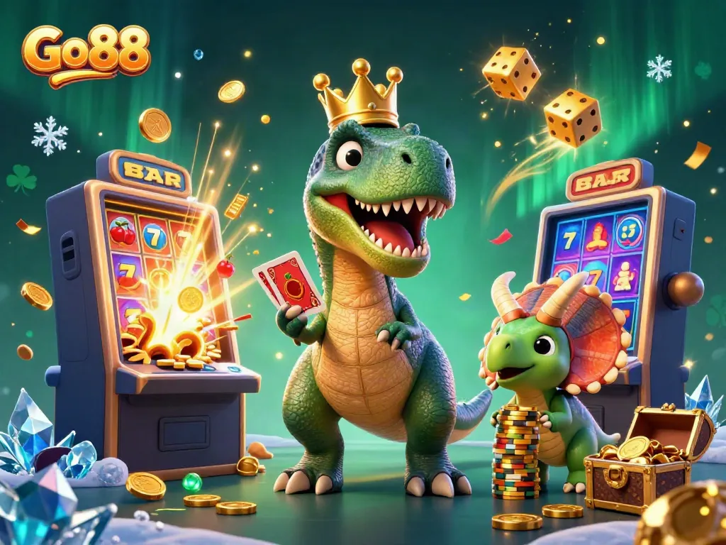 Experience the excitement of Go 88 with cartoon dinosaurs and a jackpot slot machine.
