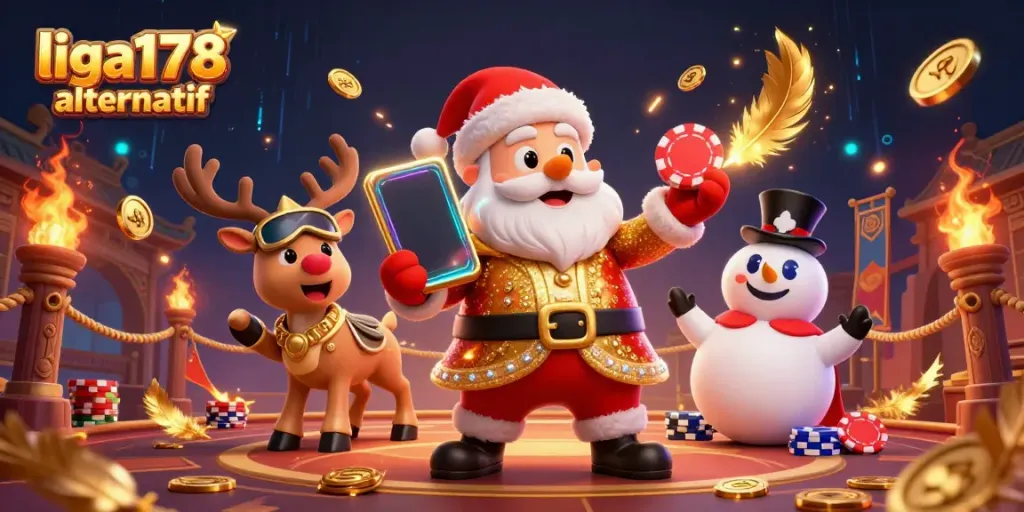 Ilustrasi 3D Santa Claus ramah dengan rekan-rekannya di kasino, cocok untuk liga178 alternatif.