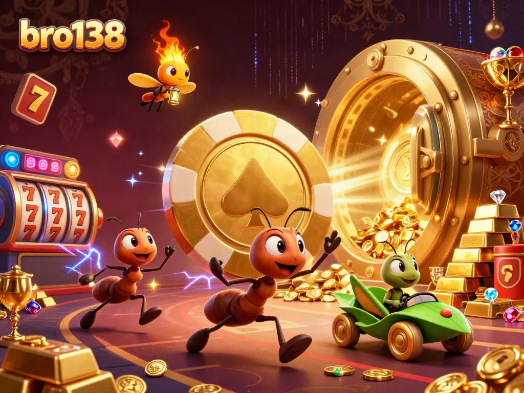 Engage with bro138's cartoon heist scene featuring ants and a grasshopper, surrounded by vibrant casino elements.