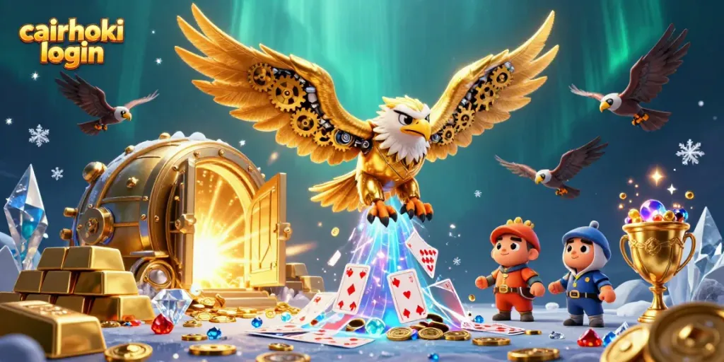 Masuk ke permainan menarik dengan cairhoki login, gumpalan hologram kartu bermain dan burung elang robotik.