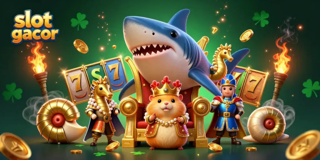 Slot gacor menampilkan raja hamster emas di singgasana, dikelilingi simbol keberuntungan dan permainan slot.