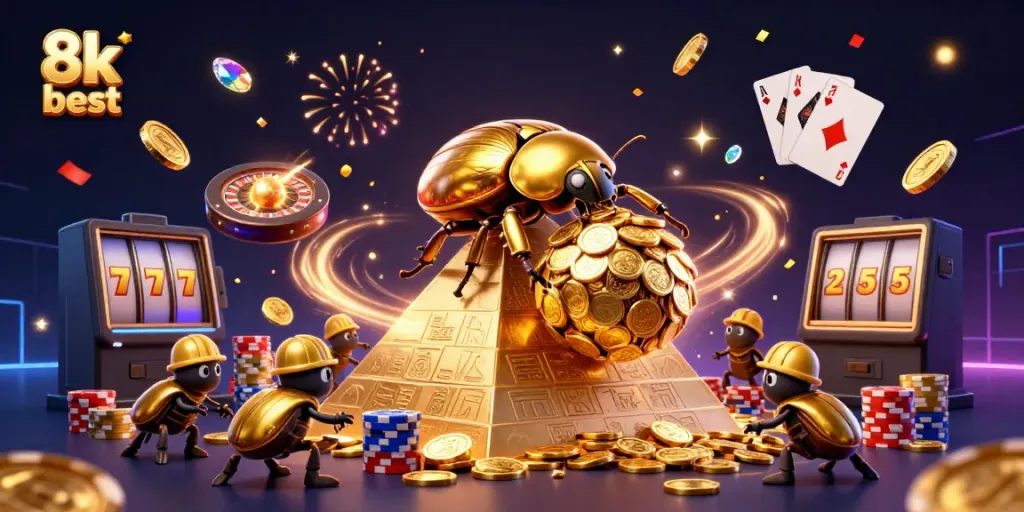 Experience thrilling gameplay with the 8k best in this vibrant casino scene filled with golden beetles and jackpot elements.