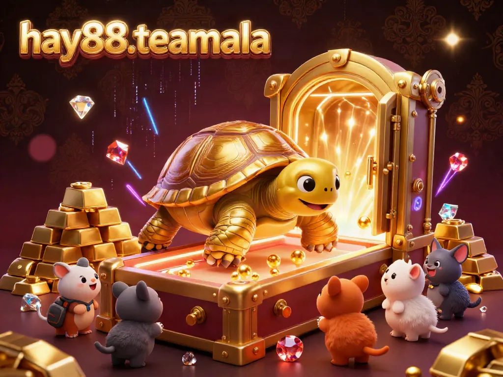 Catch the excitement at hay88-teamala as small animals play on a colossal golden tortoise pinball machine surrounded by treasure.