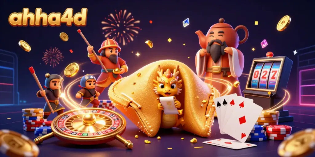 Engage with ahha4d's vibrant casino scene, featuring a golden fortune cookie and dynamic gaming elements.