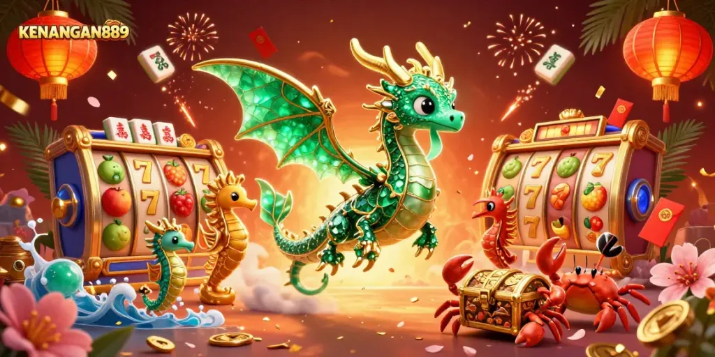 KENANGAN889 offers a vibrant illustration showcasing exciting slot reels, treasure, and a magical underwater scene.