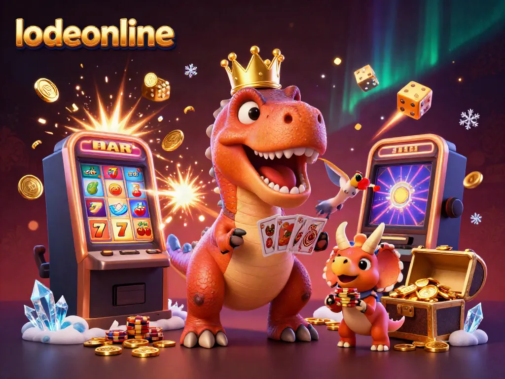 Engaging illustration showcasing lodeonline with a friendly T-Rex and friends in a vibrant casino environment.
