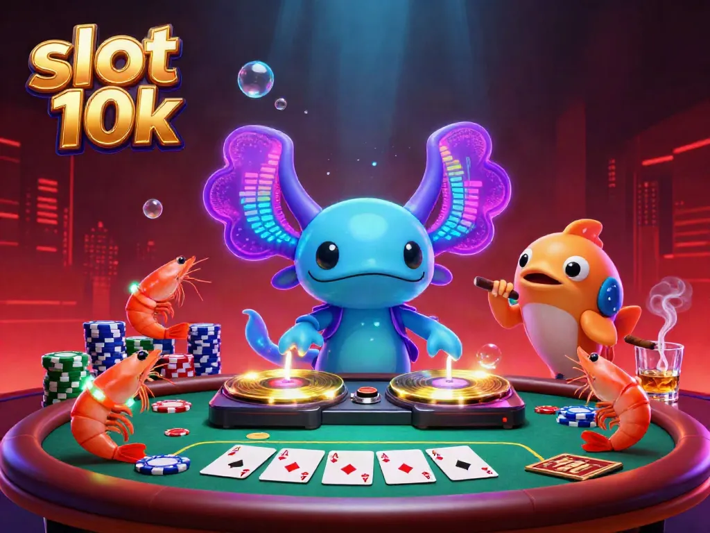 Engage with the vibrant slot 10k scene featuring the neon axolotl DJ and casino elements.