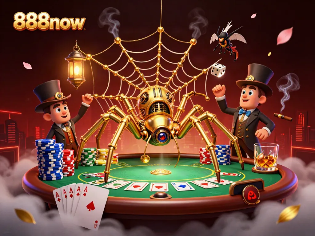 Engage with 888now's thrilling gaming scene featuring a steampunk spider and poker action.