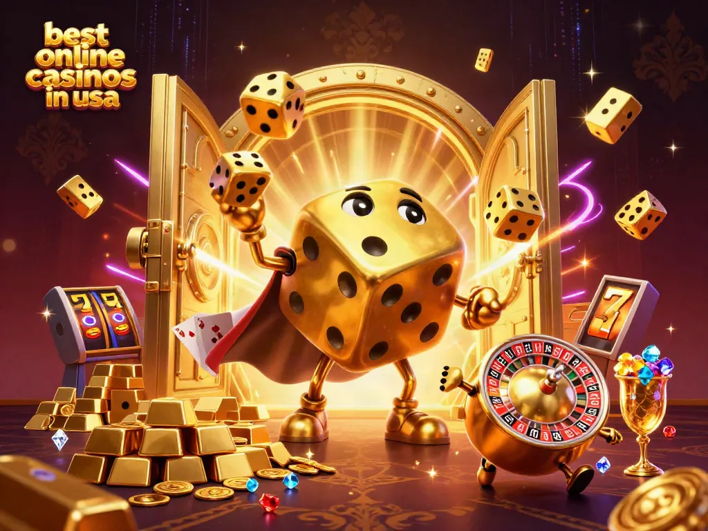 Explore the best online casinos in usa featuring a golden dice golem juggling dice amidst a luxurious treasure scene.