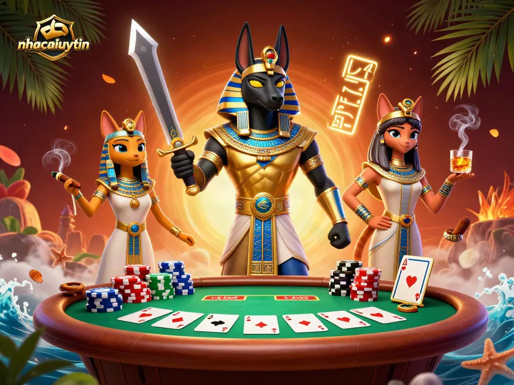 nhacaiuytin showcases vibrant casino action with Anubis and Bastet amidst poker excitement.