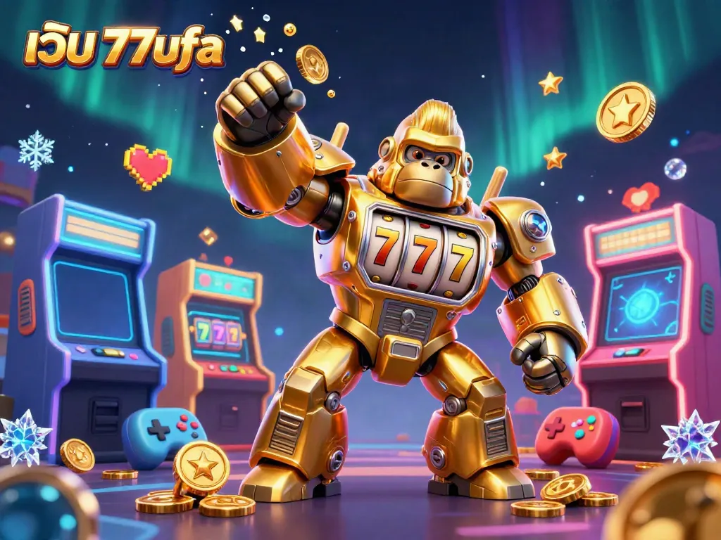 Experience the thrill at เว็บ 77ufa with dynamic gaming elements and a golden gorilla mech amid a colorful casino backdrop.